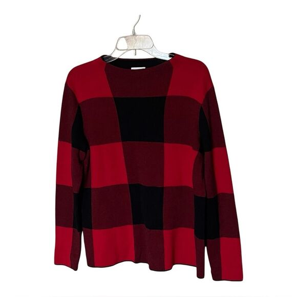 J. Jill Cotton Red/Black Buffalo Plaid Crew Neck Long Sleeve Sweater Size Medium - Picture 1 of 8